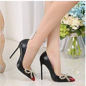 FOWT Black Pearl Bow Pumps Gradient Cap Toe Pumps Slip On Sexy Pointed Toe Shoes